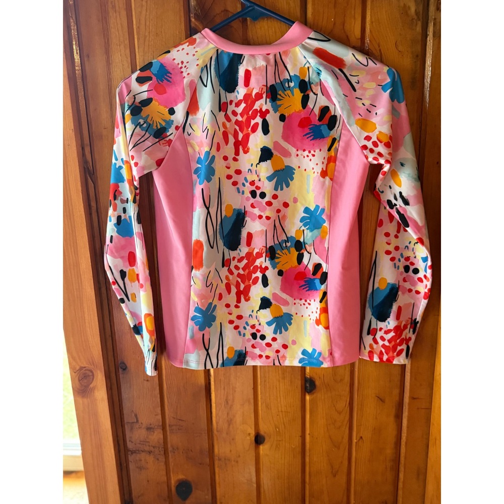 DSG Girls Large Pink Abstract Print Quarter Zip Long Sleeve Rash Guard Swim Top - Picture 2 of 3